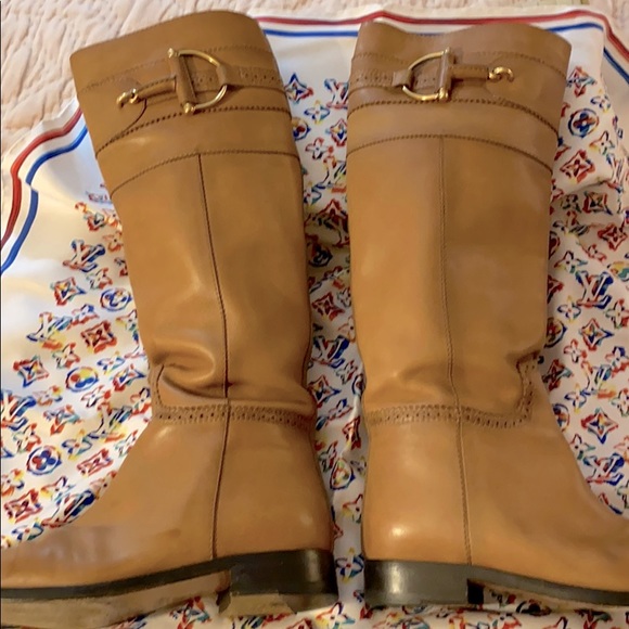 GUCCI Tan Leather Riding Boots w/Buckle, Sz. 37/7 - Picture 1 of 8